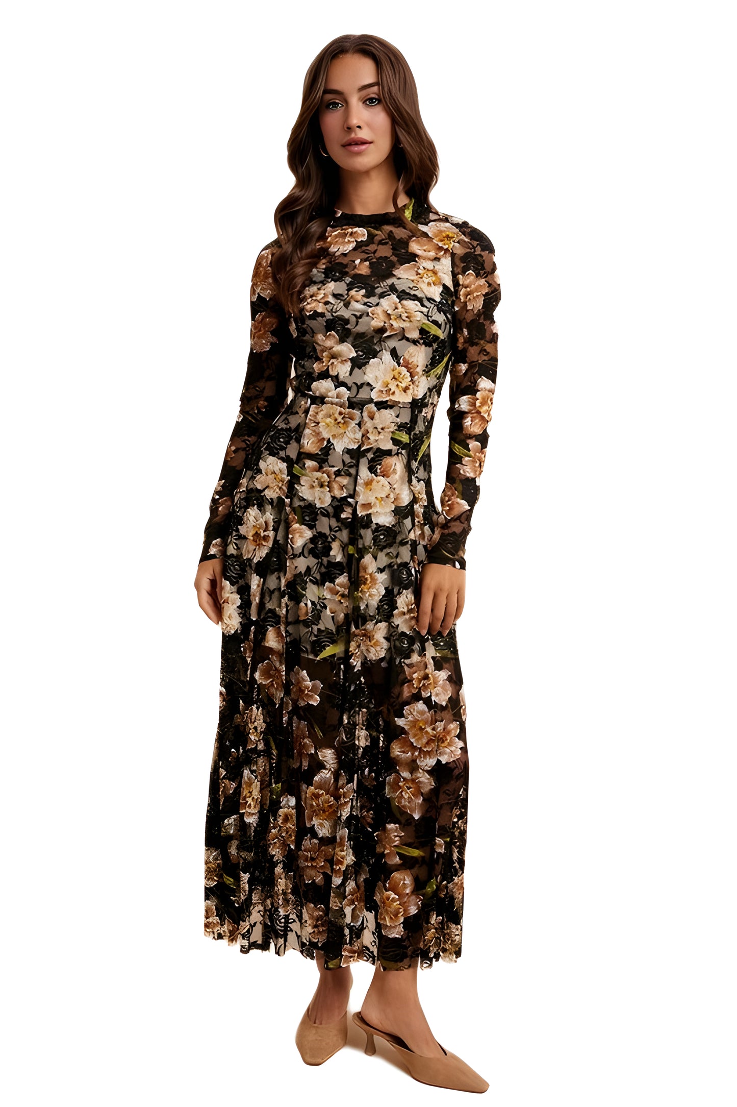 Long Sleeve Black Mesh Midi Dress with Beige Floral Print