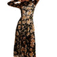 Long Sleeve Black Mesh Midi Dress with Beige Floral Print
