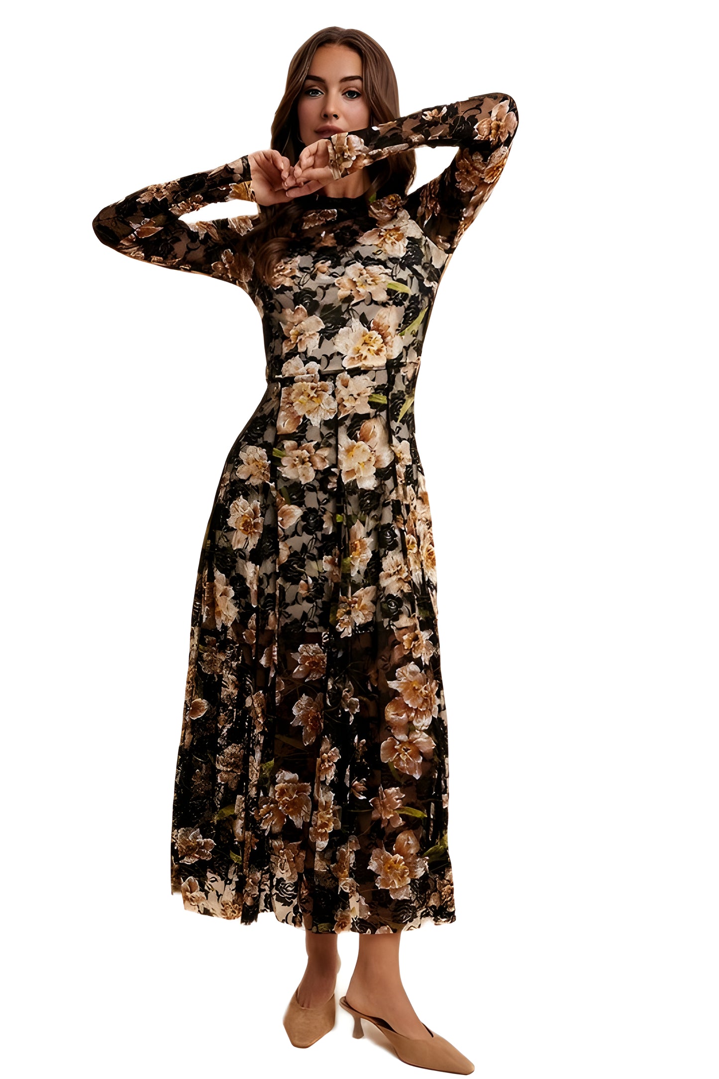 Long Sleeve Black Mesh Midi Dress with Beige Floral Print