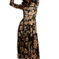 Long Sleeve Black Mesh Midi Dress with Beige Floral Print