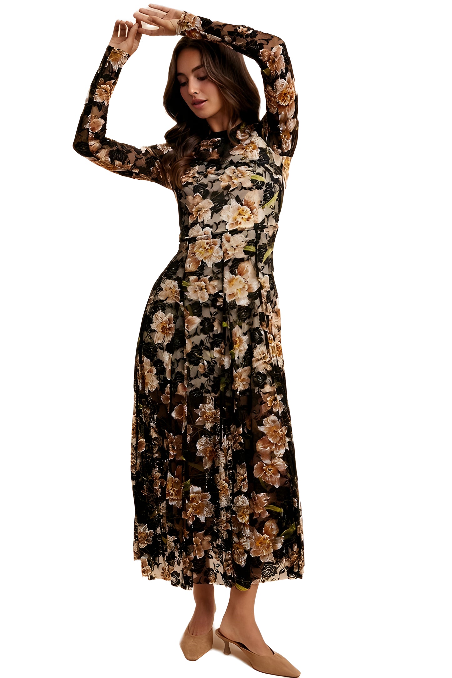 Long Sleeve Black Mesh Midi Dress with Beige Floral Print