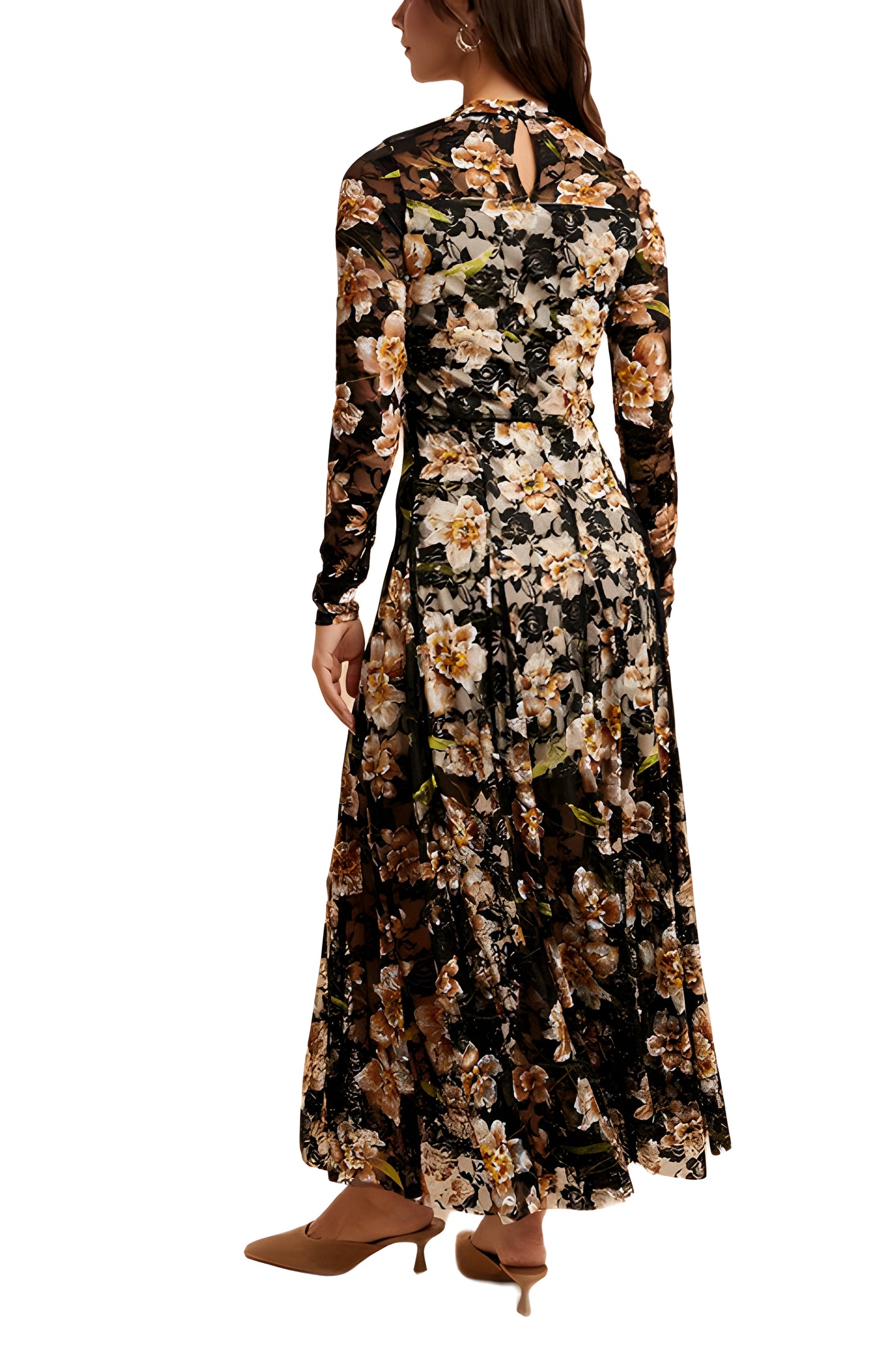 Long Sleeve Black Mesh Midi Dress with Beige Floral Print