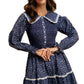 Navy Floral Mini Dress with Shirred Bodice and Contrast Collar