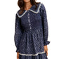 Navy Floral Mini Dress with Shirred Bodice and Contrast Collar