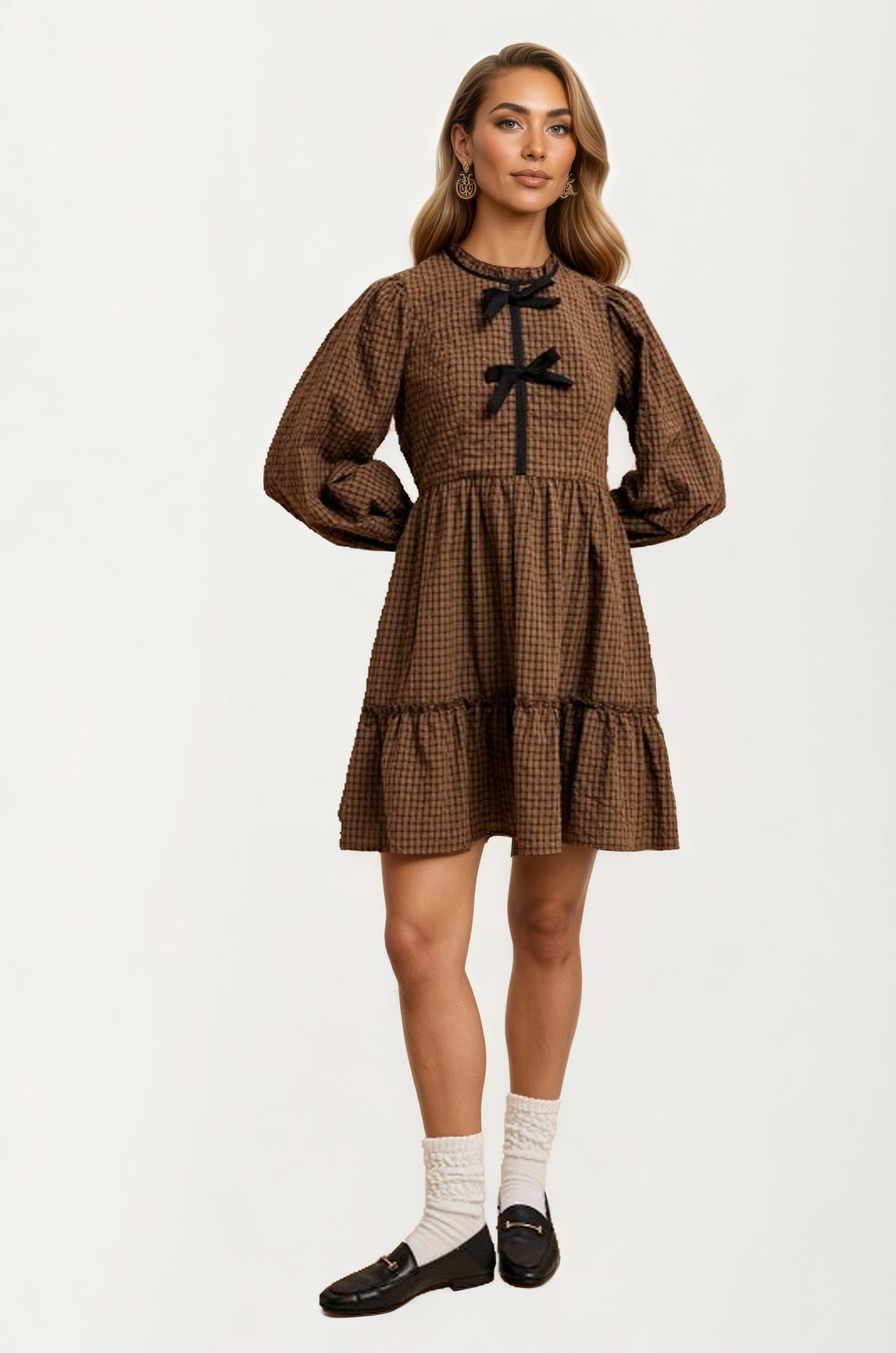 Plaid Mini Dress with Bow Accents and Long Puff Sleeves