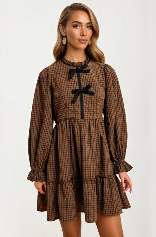 Plaid Mini Dress with Bow Accents and Long Puff Sleeves