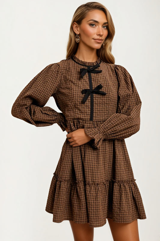 Plaid Mini Dress with Bow Accents and Long Puff Sleeves