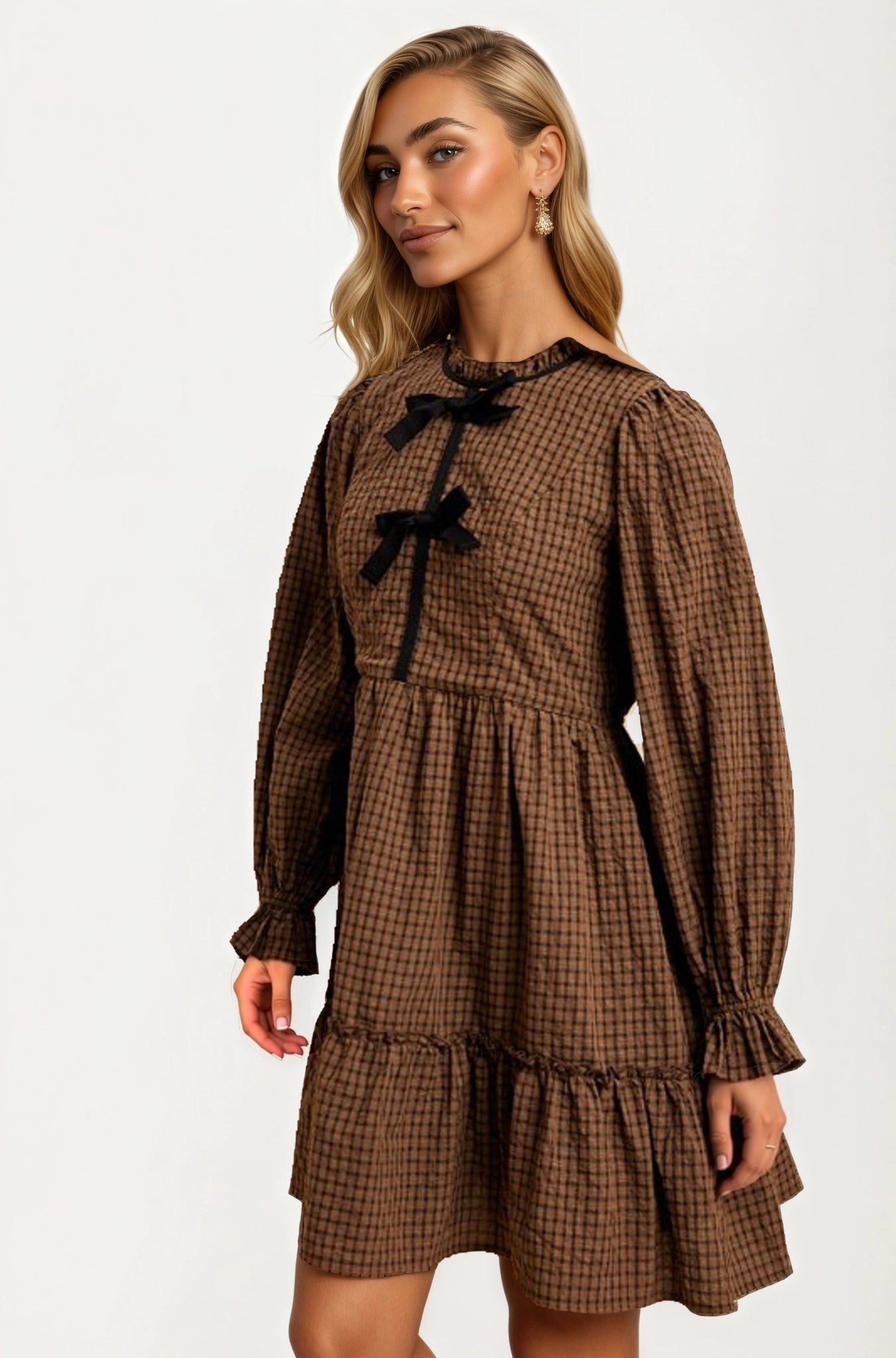 Plaid Mini Dress with Bow Accents and Long Puff Sleeves