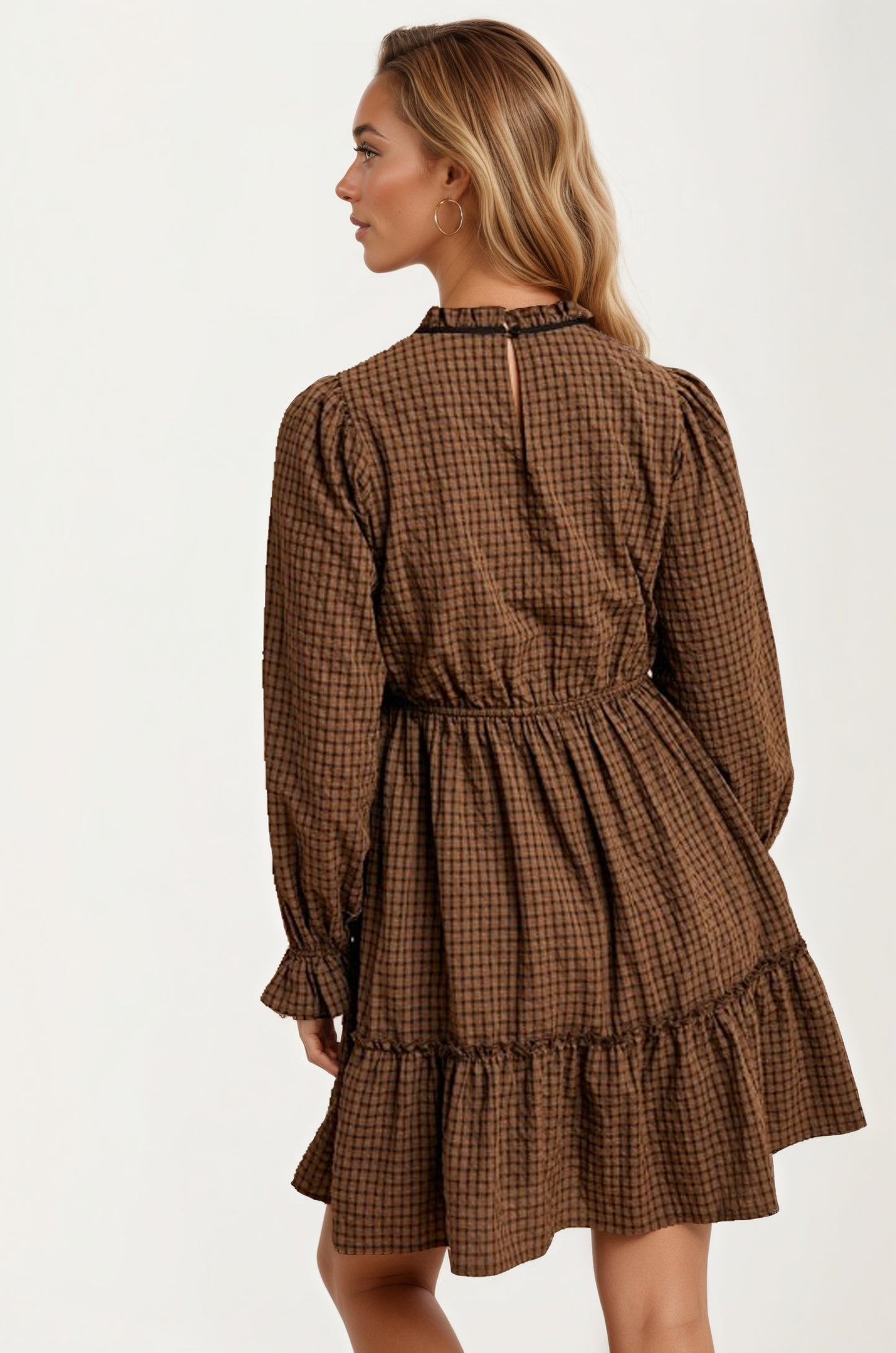 Plaid Mini Dress with Bow Accents and Long Puff Sleeves