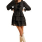 Black Floral Tiered Mini Dress with Velvet Bow Detail