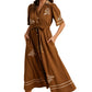Brown Button-Down Maxi Dress with Embroidery and Waist Tie