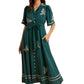 Teal Embroidered Button-Down Maxi Dress with Waist Tie