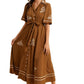 Brown Button-Down Maxi Dress with Embroidery and Waist Tie