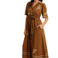 Brown Button-Down Maxi Dress with Embroidery and Waist Tie