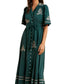 Teal Embroidered Button-Down Maxi Dress with Waist Tie
