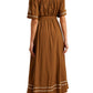 Brown Button-Down Maxi Dress with Embroidery and Waist Tie