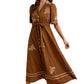 Brown Button-Down Maxi Dress with Embroidery and Waist Tie