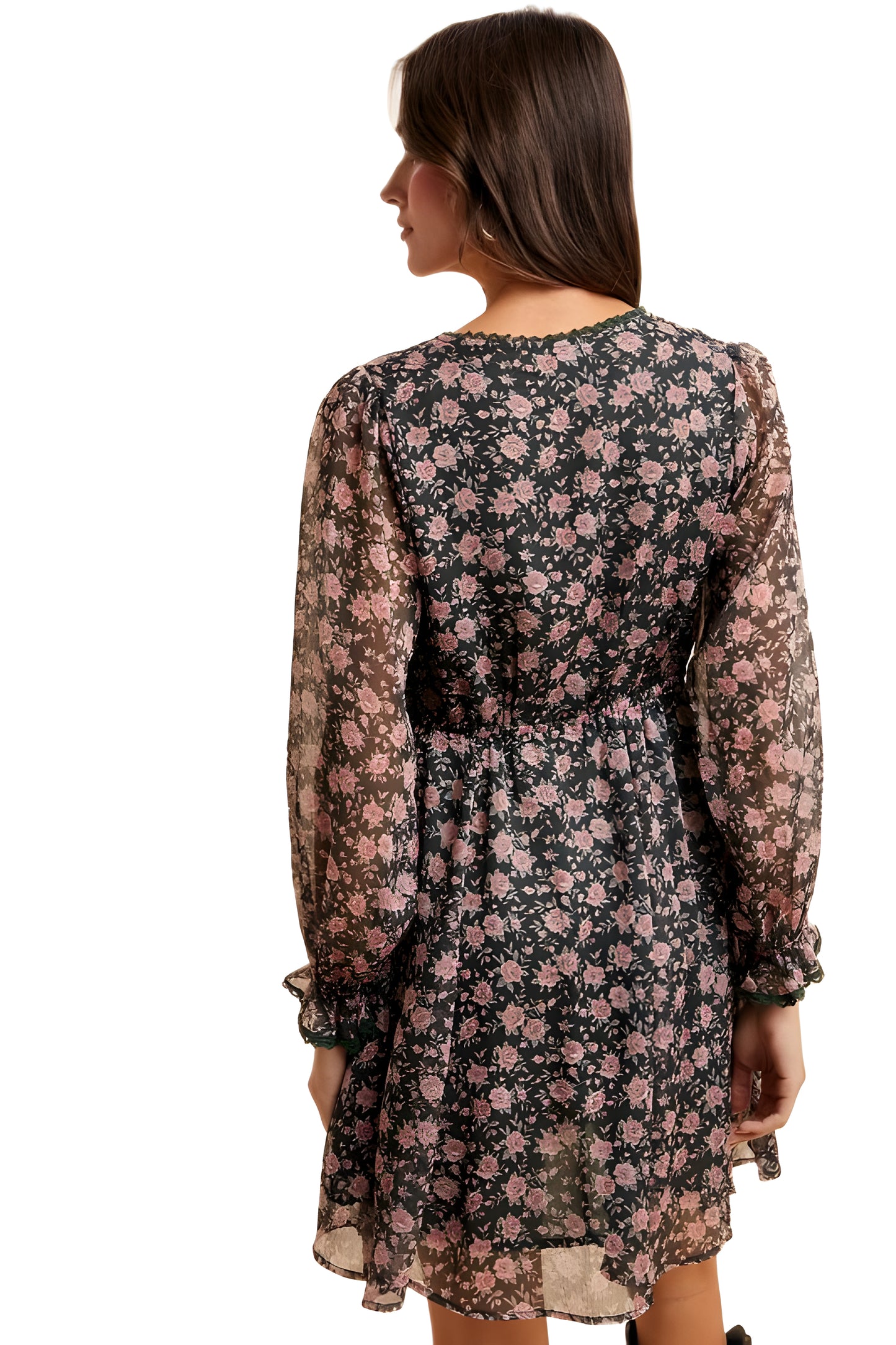 Floral Chiffon Mini Dress with Sheer Sleeves and Lace Trim