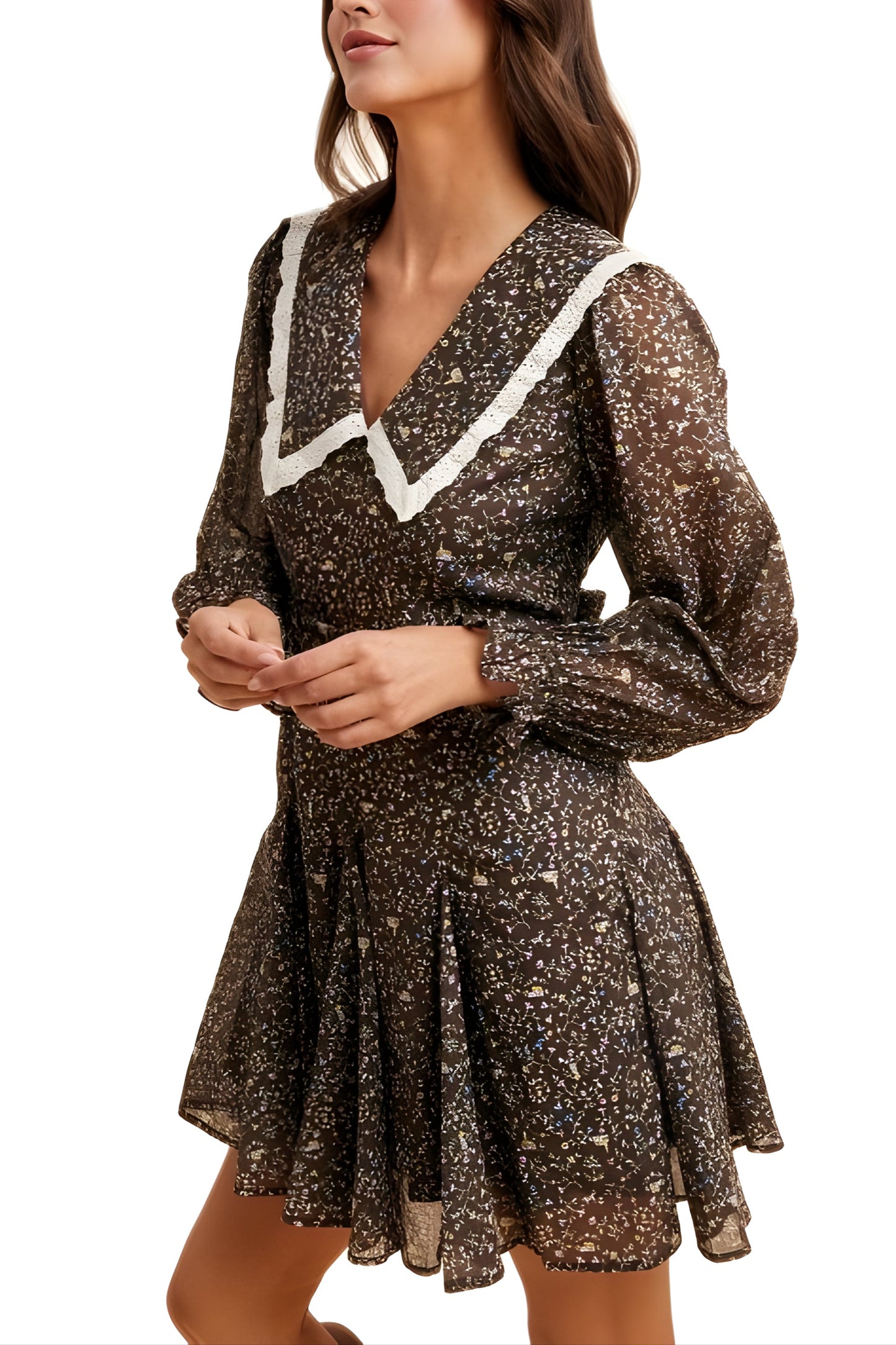 Vintage Floral Mini Dress with Lace Collar and Puff Sleeves