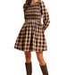 Smocked Plaid Long Sleeve Mini Dress in Brown Tones