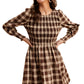 Smocked Plaid Long Sleeve Mini Dress in Brown Tones