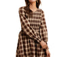 Smocked Plaid Long Sleeve Mini Dress in Brown Tones
