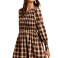 Smocked Plaid Long Sleeve Mini Dress in Brown Tones