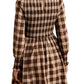 Smocked Plaid Long Sleeve Mini Dress in Brown Tones