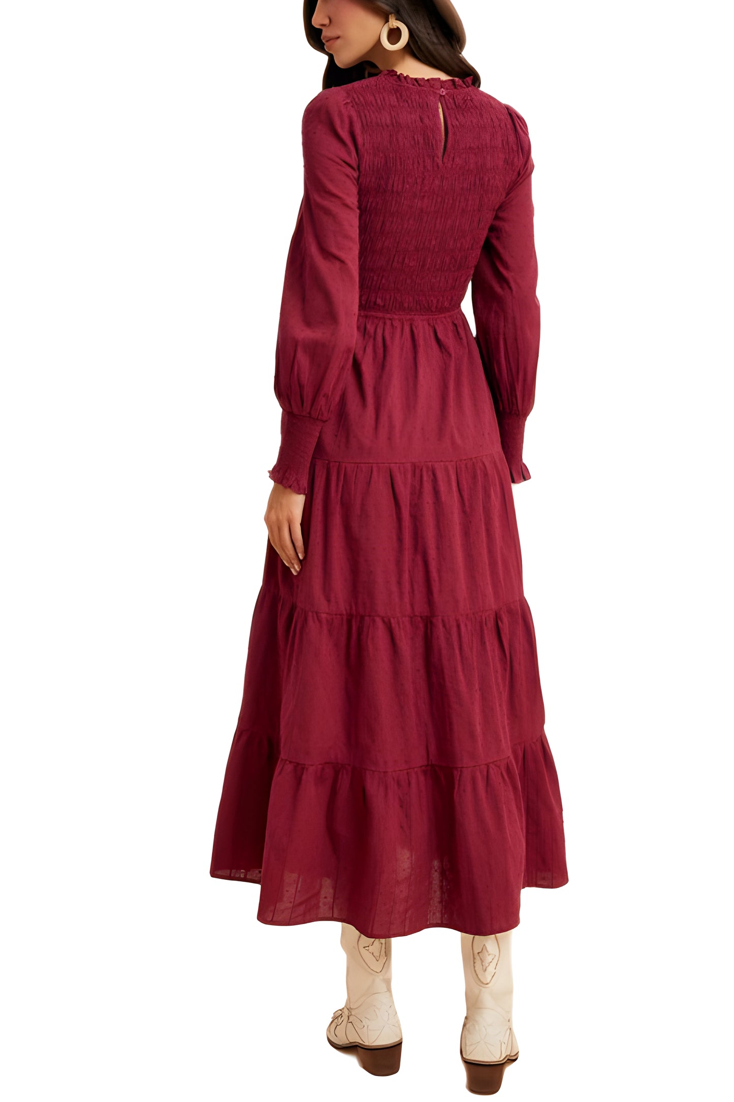 Smocked Bodice Tiered Maxi Dress with Long Sleeves