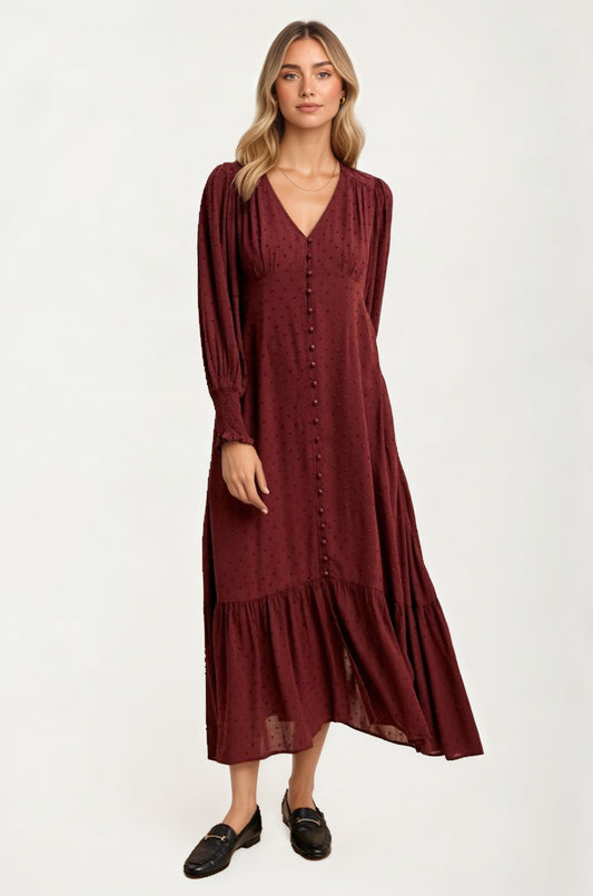 Maxi Dress with Button Front and Puff Sleeves