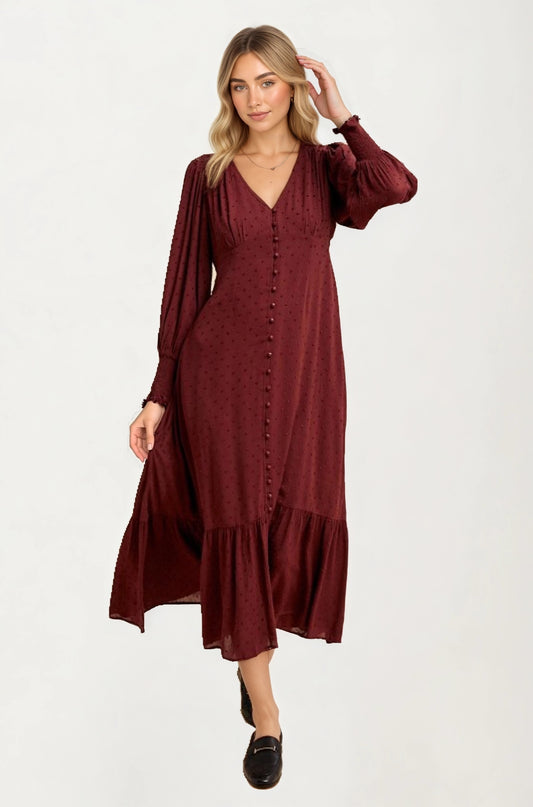 Maxi Dress with Button Front and Puff Sleeves