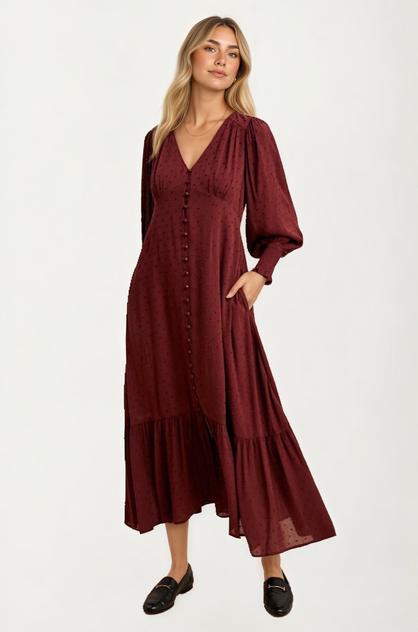 Maxi Dress with Button Front and Puff Sleeves