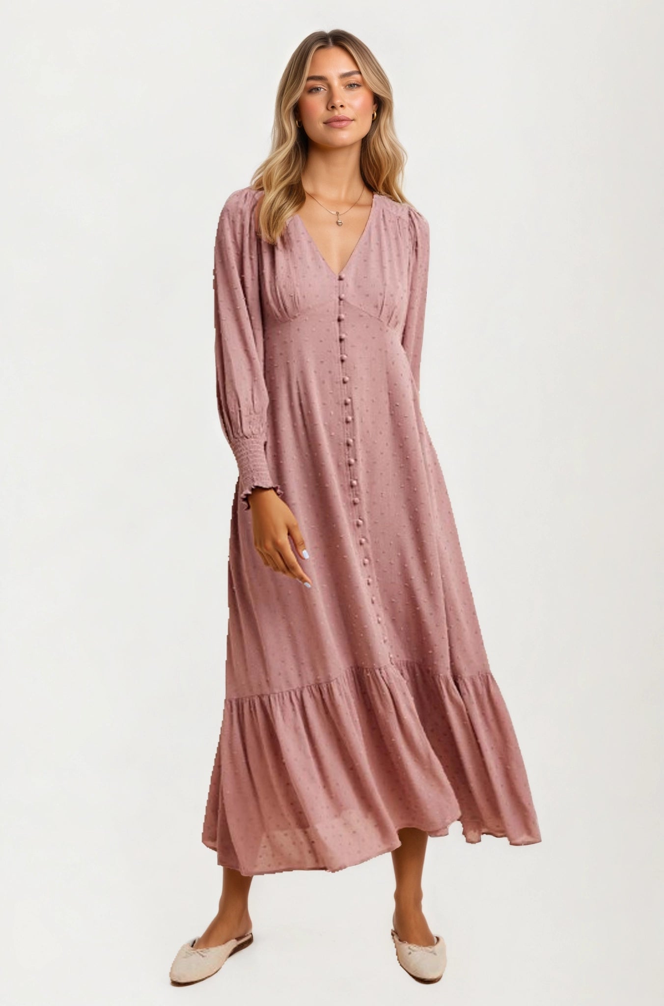 Maxi Dress with Button Front and Puff Sleeves