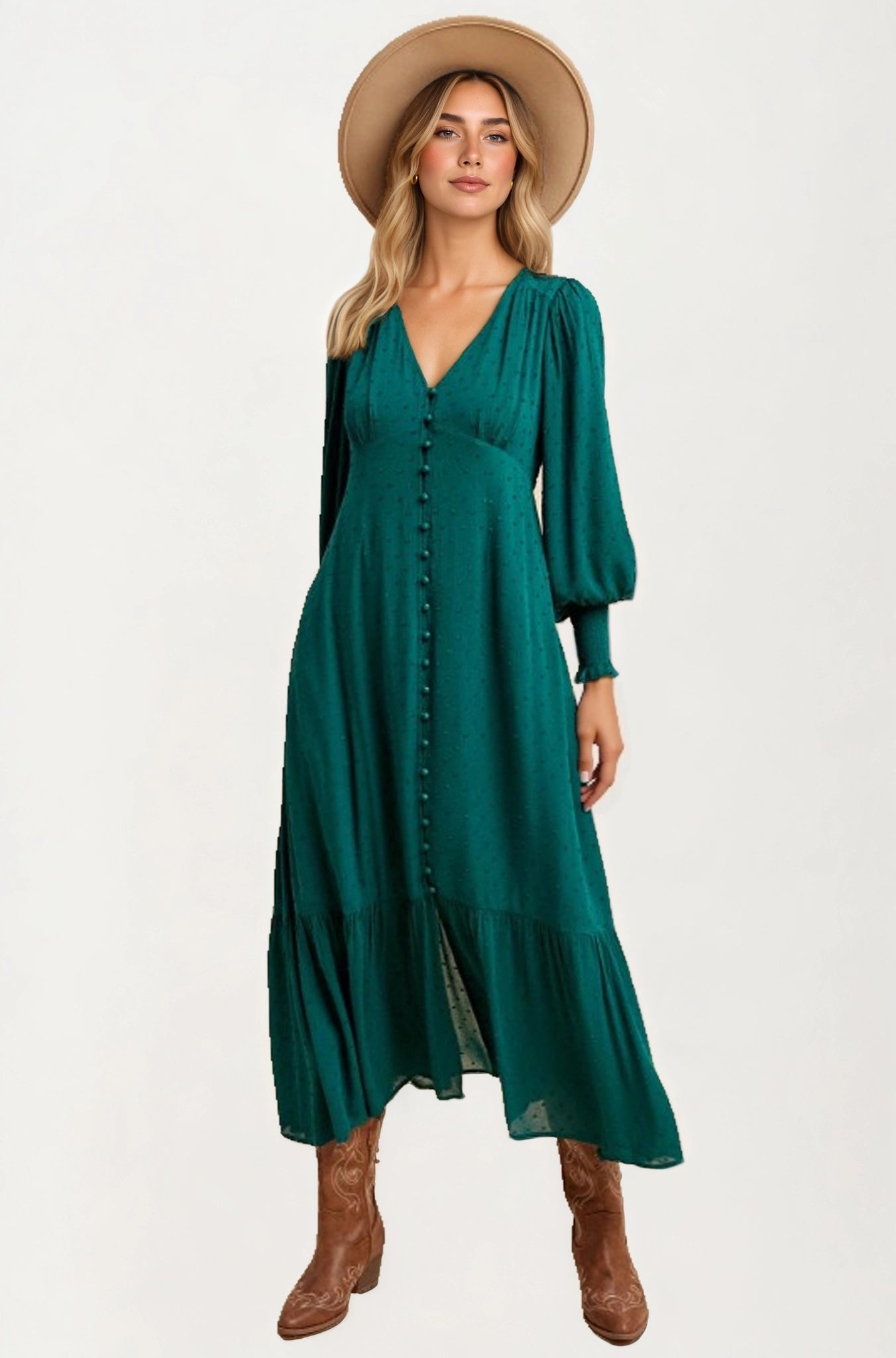 Maxi Dress with Button Front and Puff Sleeves