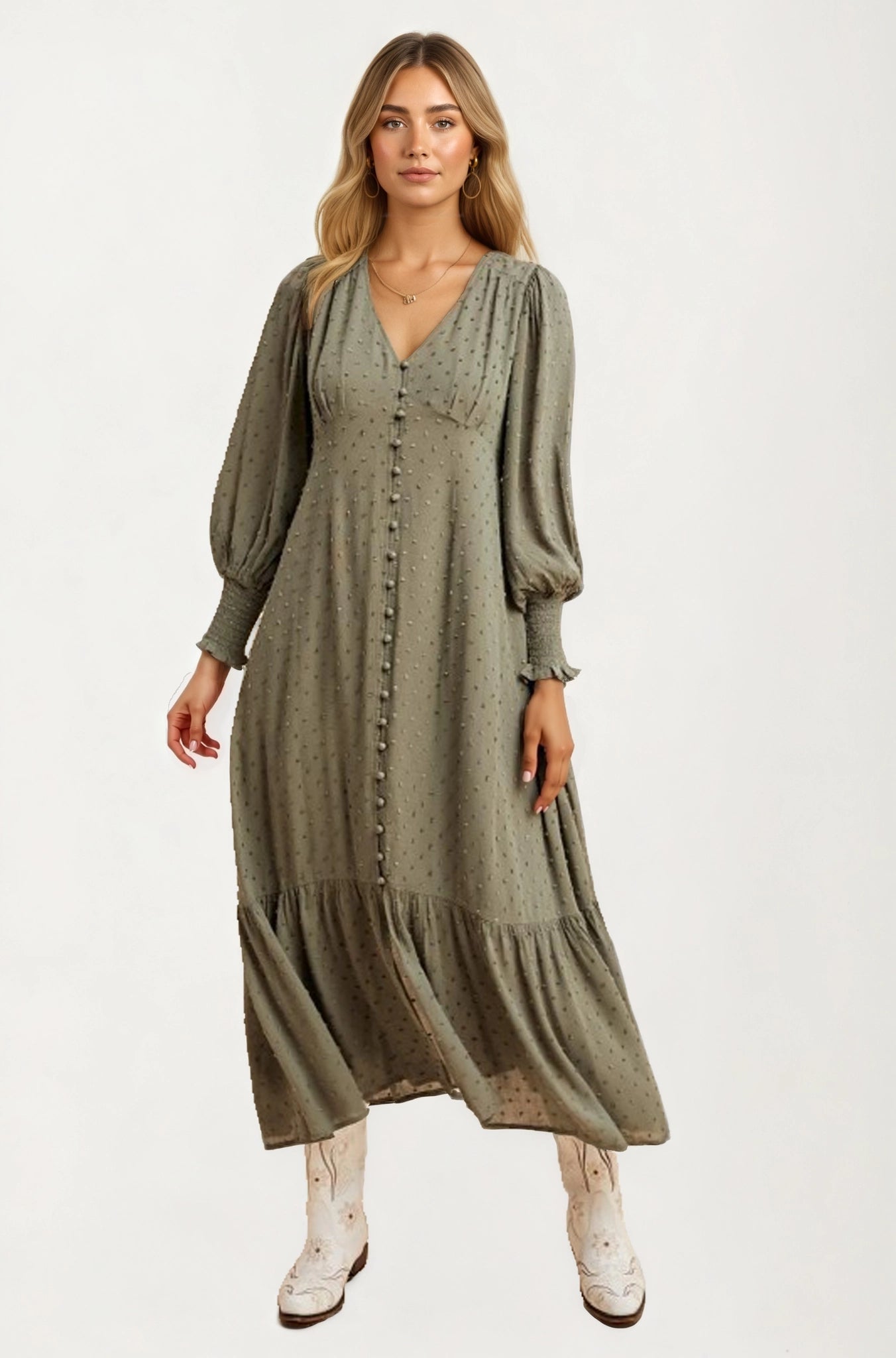 Maxi Dress with Button Front and Puff Sleeves