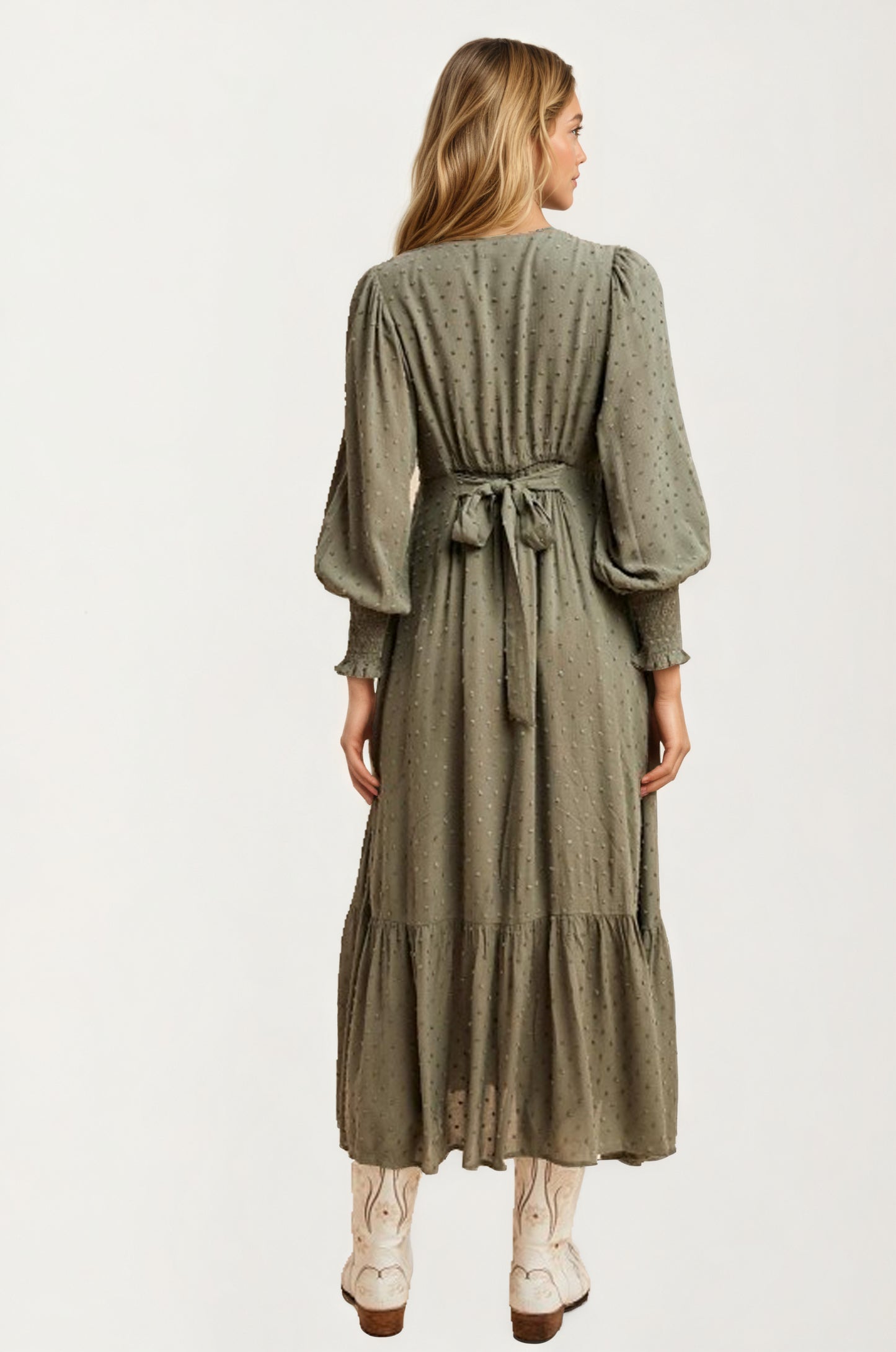 Maxi Dress with Button Front and Puff Sleeves