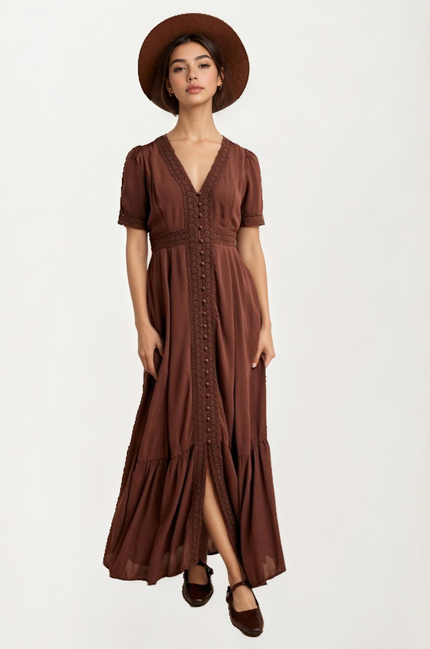 Short Sleeve Maxi Dress with Button Front and Lace Trim