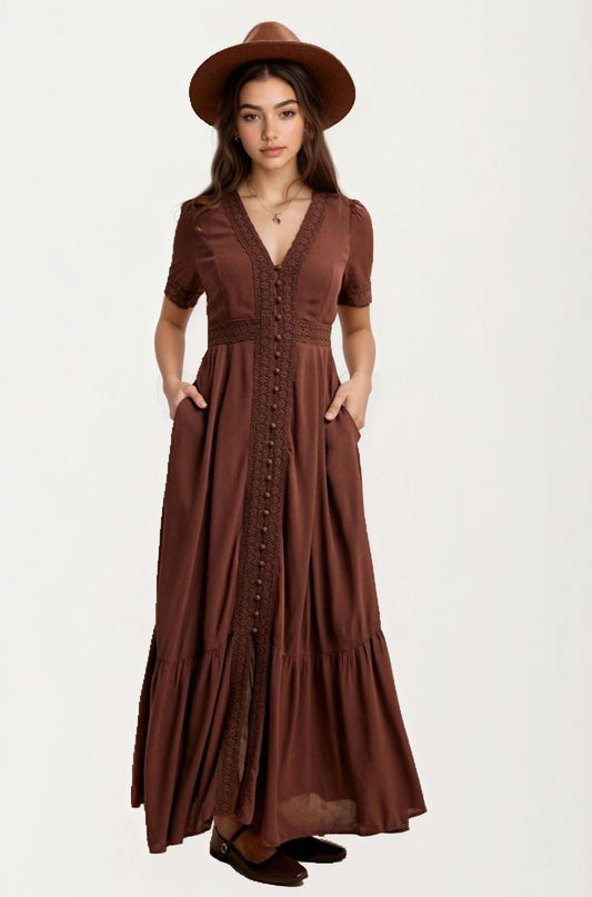 Short Sleeve Maxi Dress with Button Front and Lace Trim