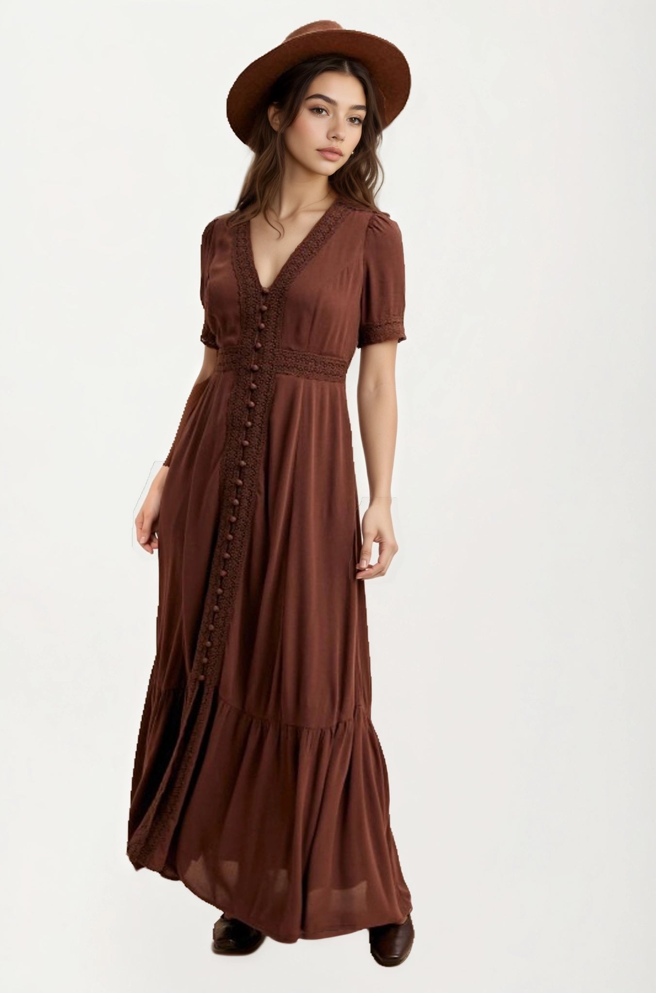 Short Sleeve Maxi Dress with Button Front and Lace Trim