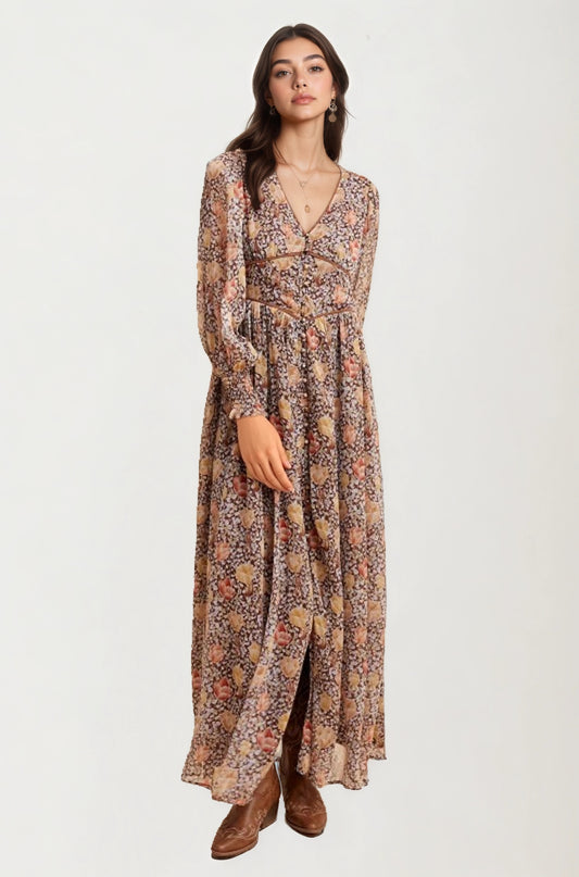 Floral Chiffon Maxi Dress with Smocked Sleeves and Flowing Skirt