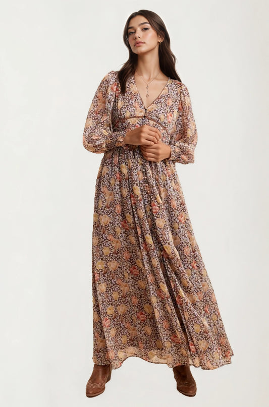 Floral Chiffon Maxi Dress with Smocked Sleeves and Flowing Skirt