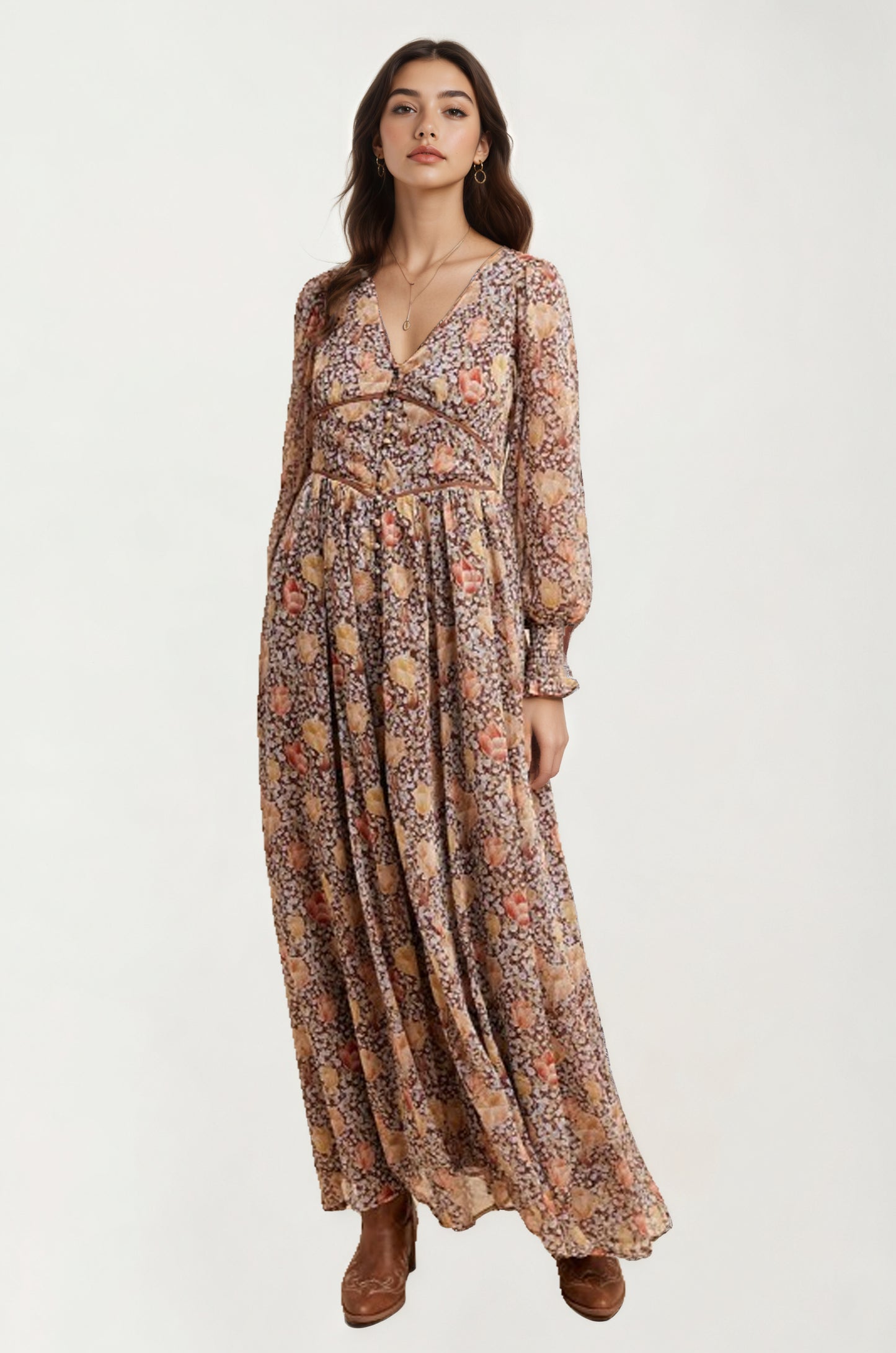 Floral Chiffon Maxi Dress with Smocked Sleeves and Flowing Skirt