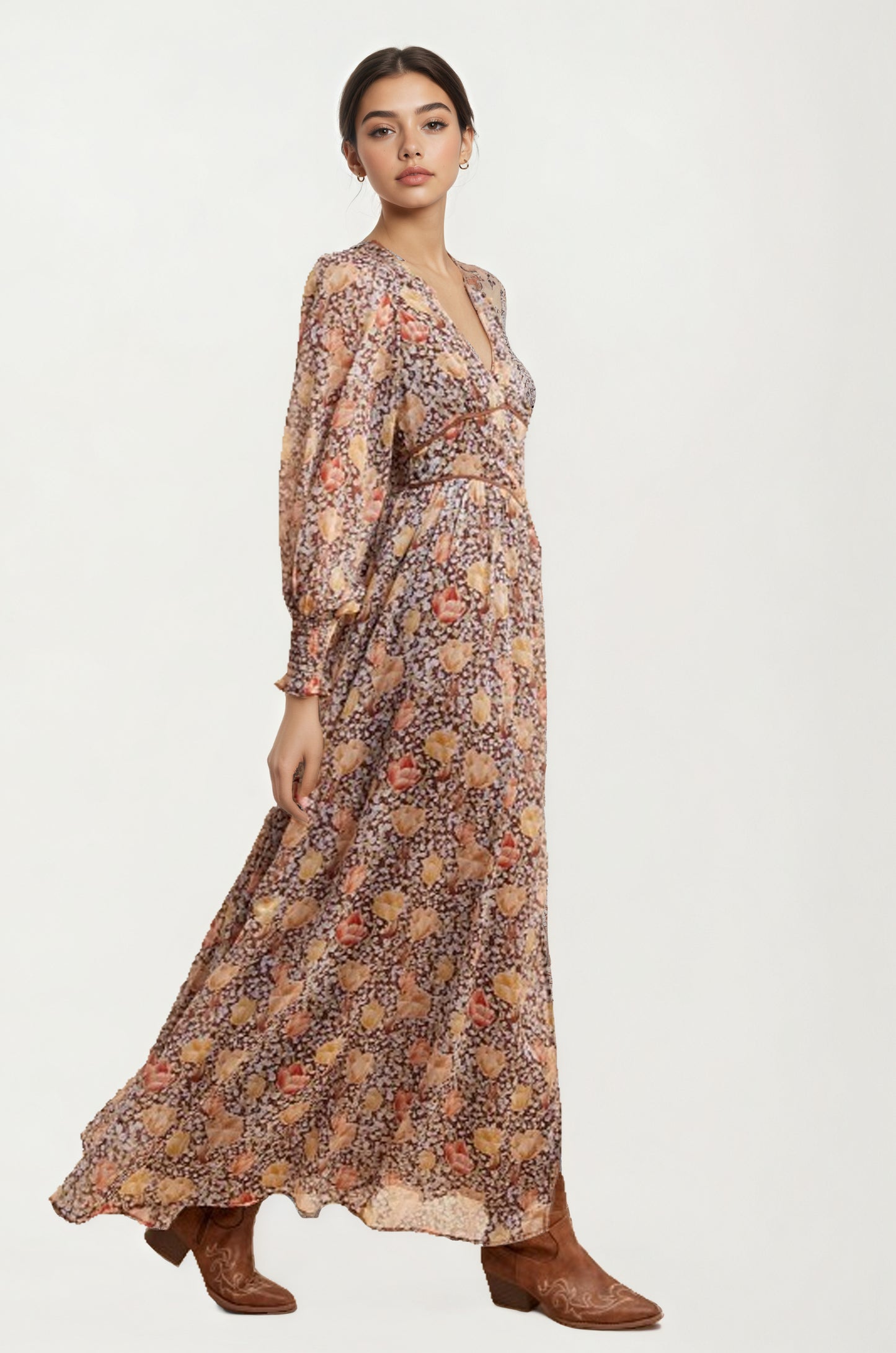 Floral Chiffon Maxi Dress with Smocked Sleeves and Flowing Skirt