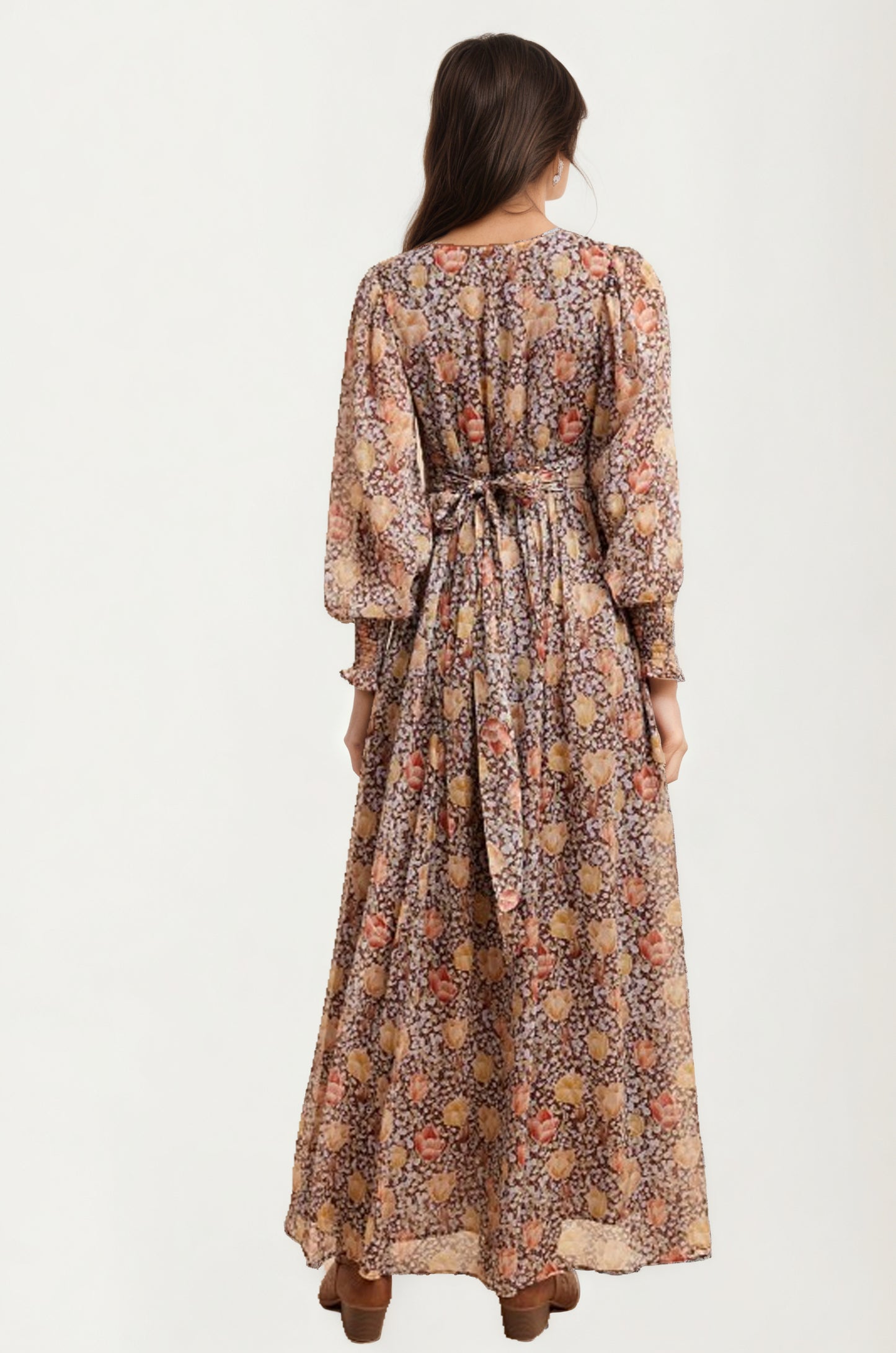 Floral Chiffon Maxi Dress with Smocked Sleeves and Flowing Skirt
