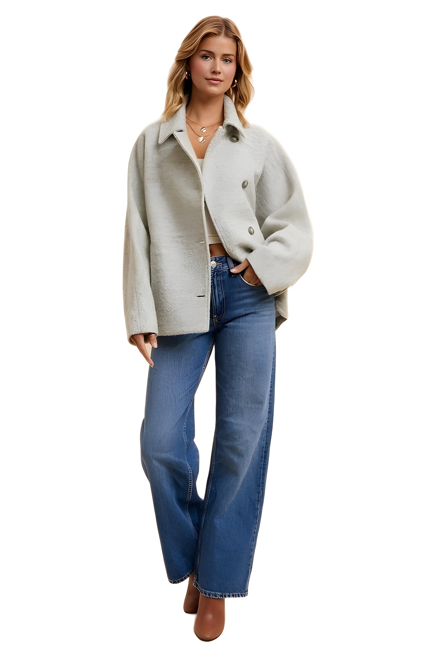 Cropped Light Grey Wool-Blend Coat With Wide Sleeves And Buttons