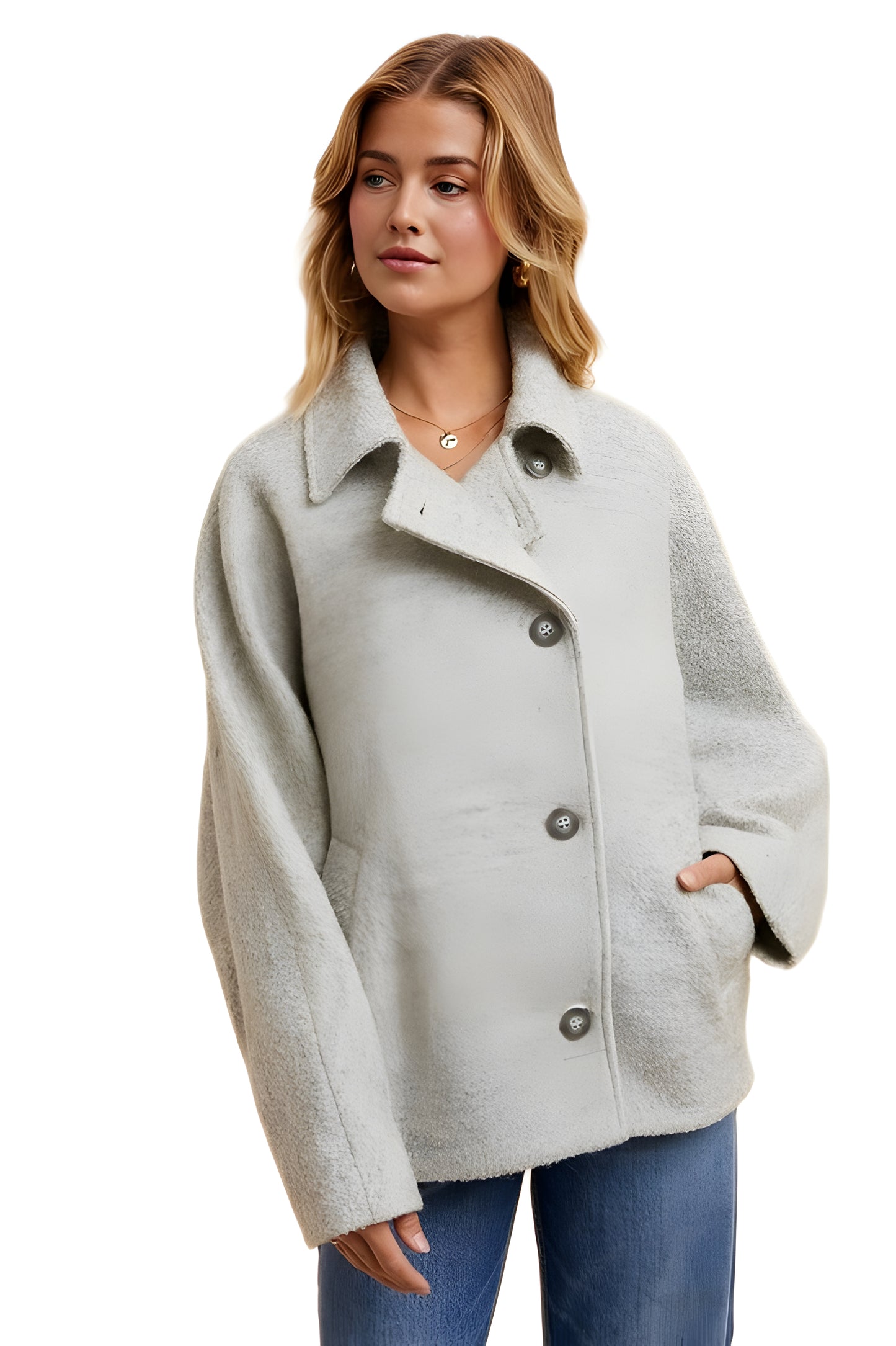Cropped Light Grey Wool-Blend Coat With Wide Sleeves And Buttons