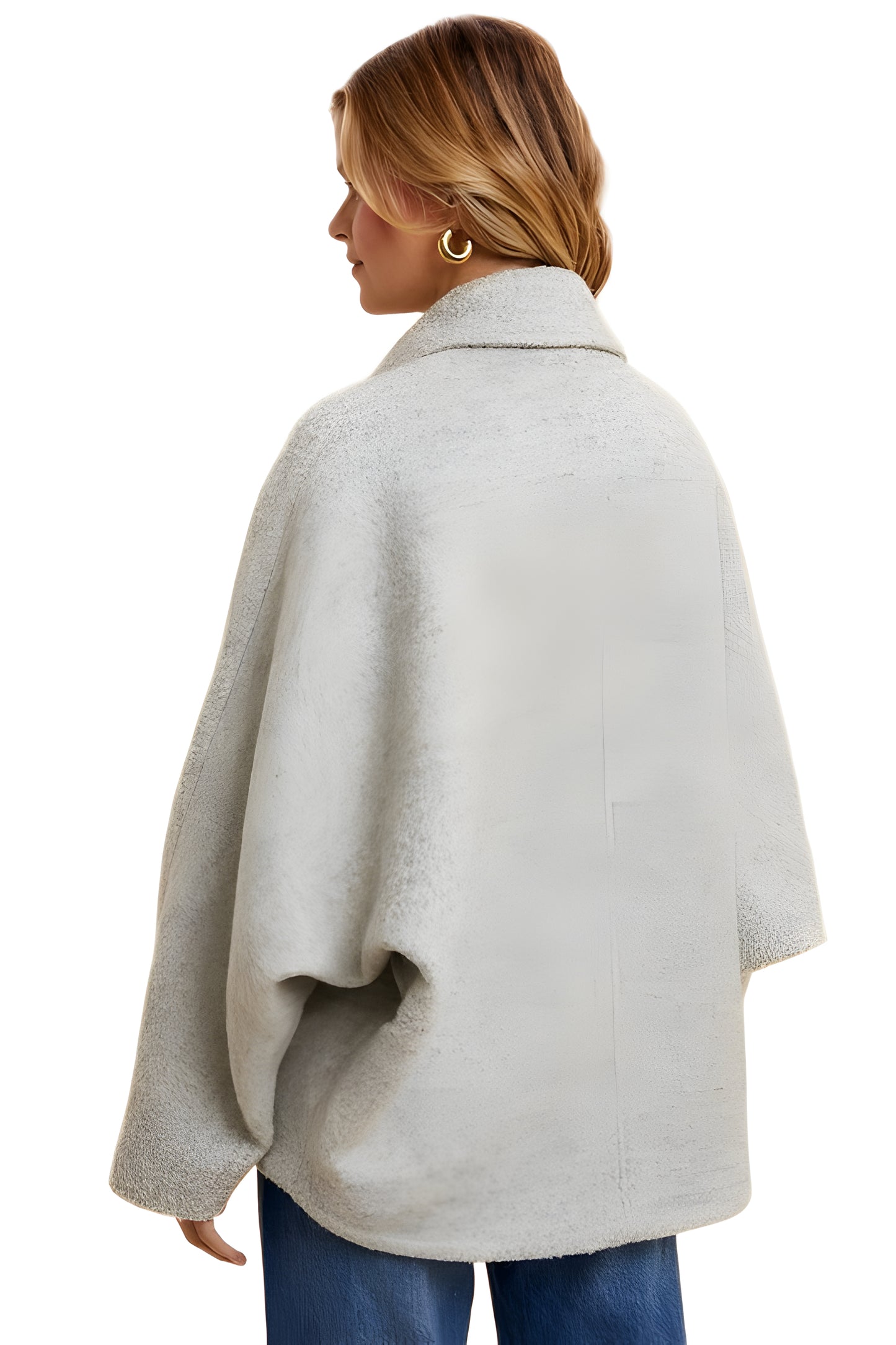 Cropped Light Grey Wool-Blend Coat With Wide Sleeves And Buttons