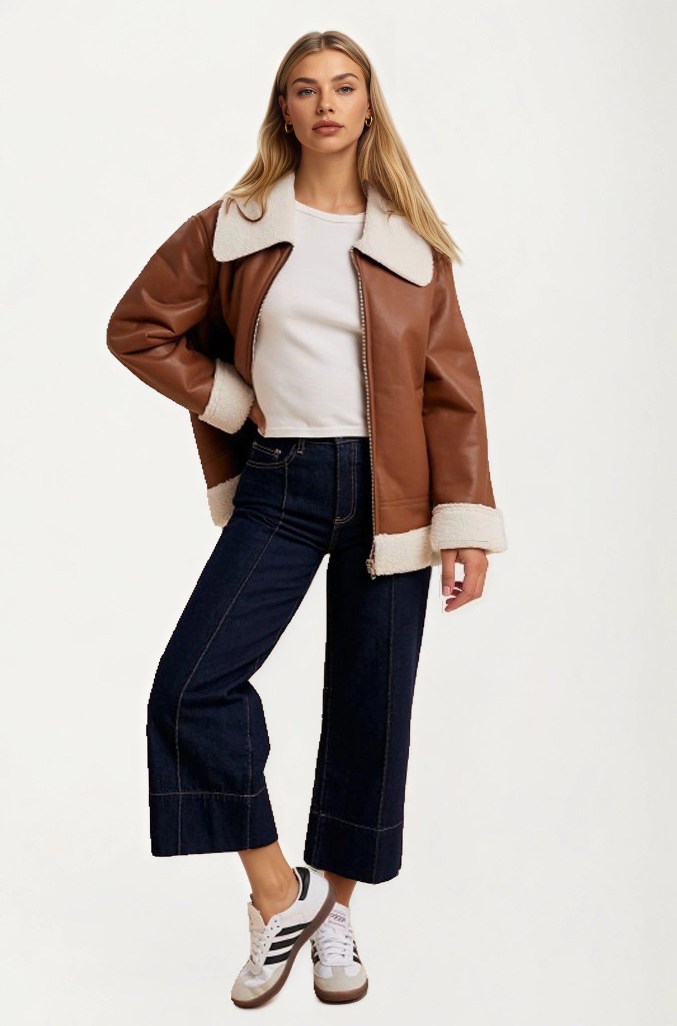 Faux Shearling Trim Moto Jacket with Zip Front Closure