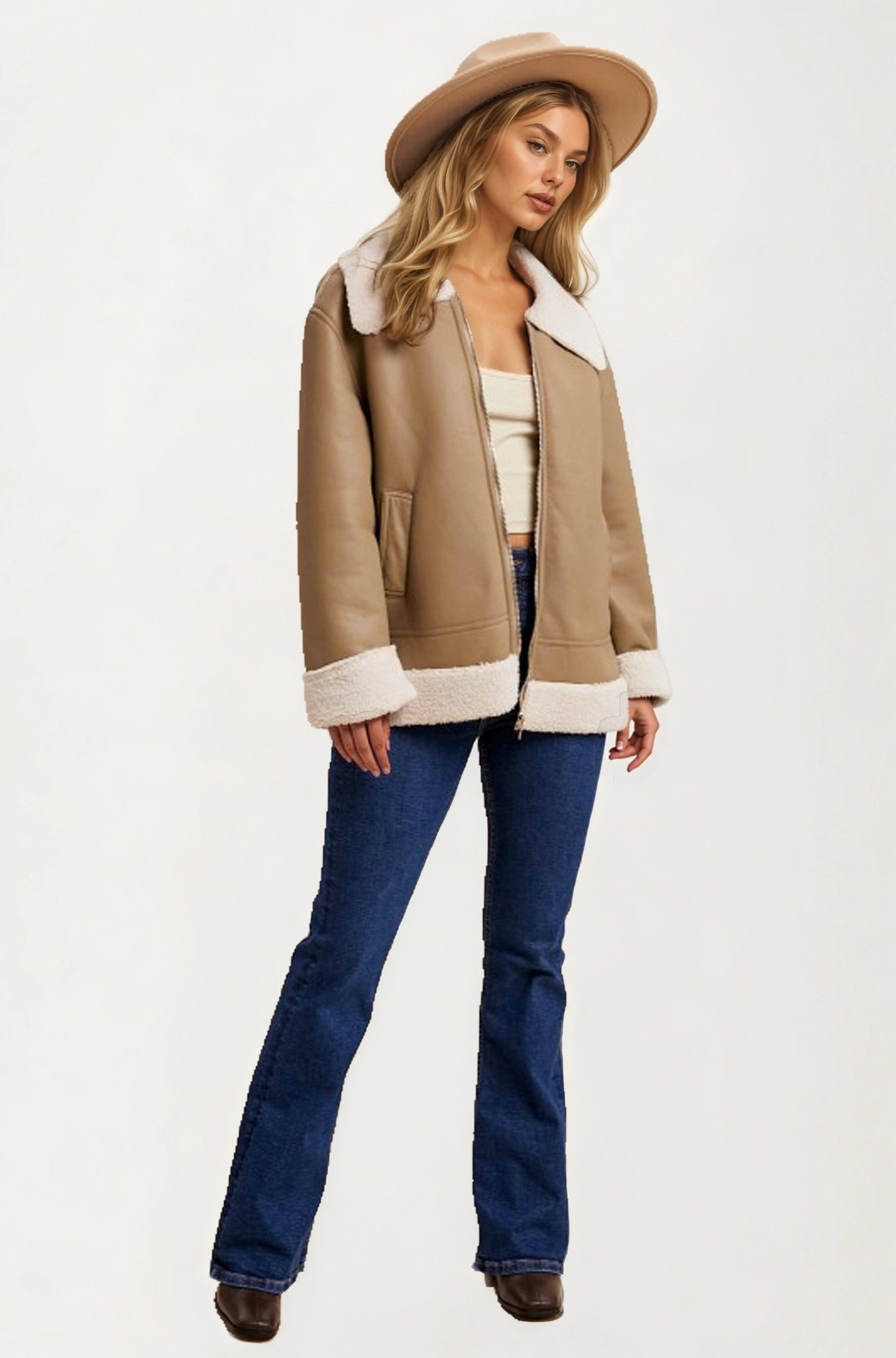 Faux Shearling Trim Moto Jacket with Zip Front Closure