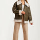 Faux Shearling Trim Moto Jacket with Zip Front Closure